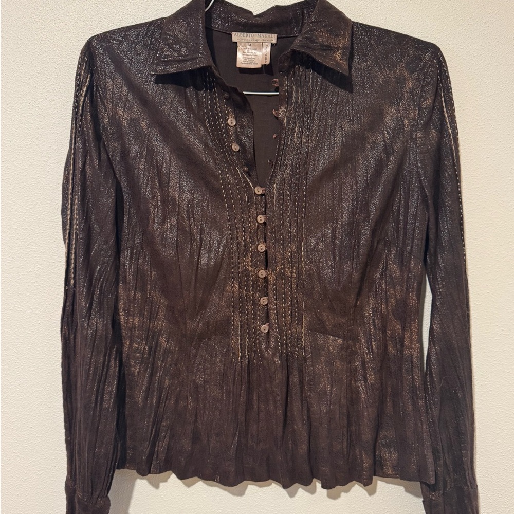 Vintage Y2K Alberto Makali Faux Leather Button-Up Peasant Top